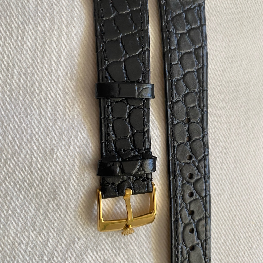 Rolex Black And Gold Leather Belt With Crocodile Embossing